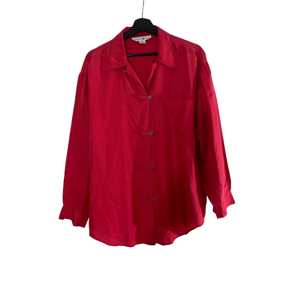 Jonathan Martin Blouse Silk Button Up Size Large Red Excellent Long Sleeve Loop